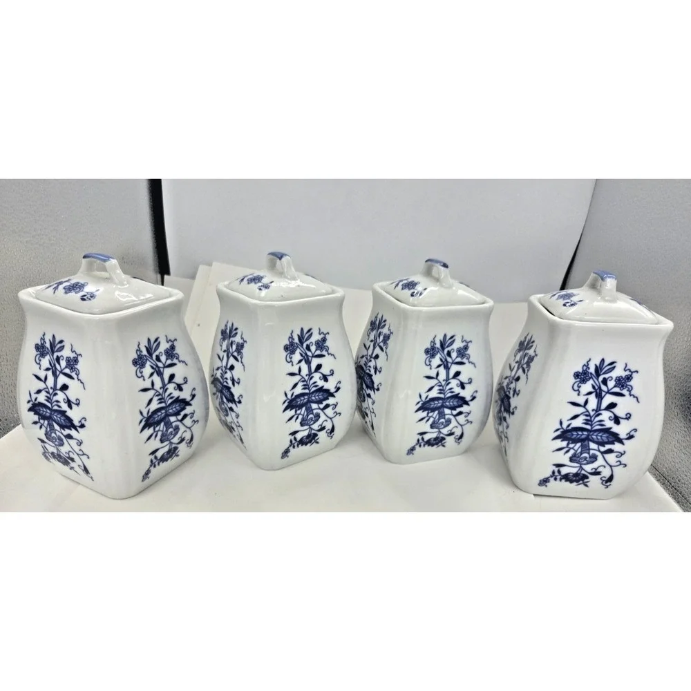 German Vtg Blue Onion Canister Set Of 4 Ceramic Allerlei Mehl Salz Zucker